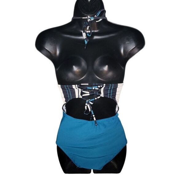 Cupshe Blue and Black One Piece Swimsuit with Halter Cutout Design - Picture 2 of 3